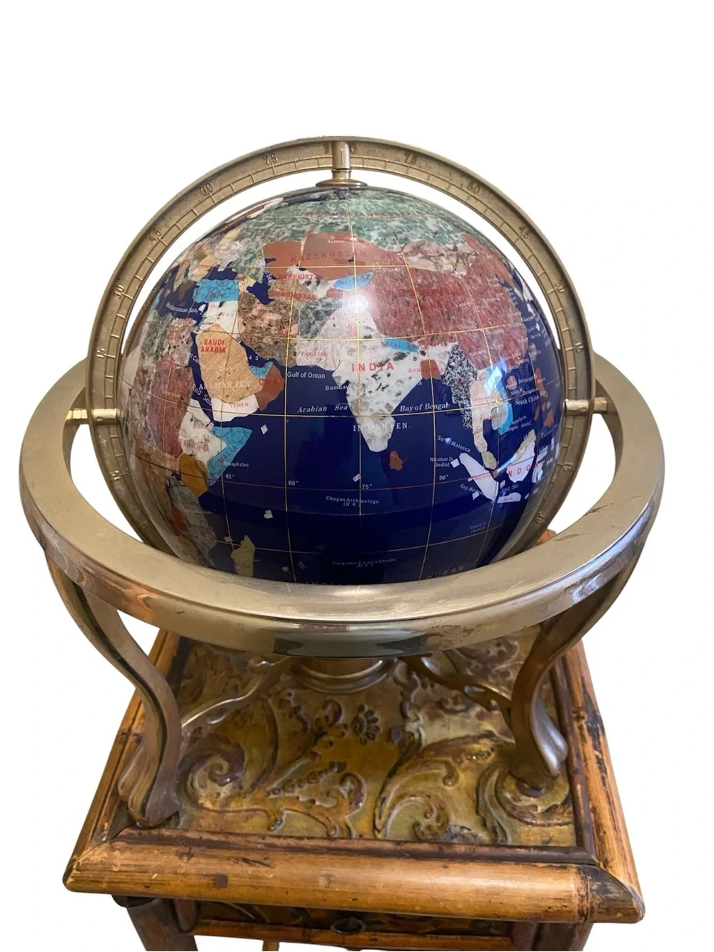 Lapis Gemstone Glob Compassion Decorative Globe W/Brass Tripod Base